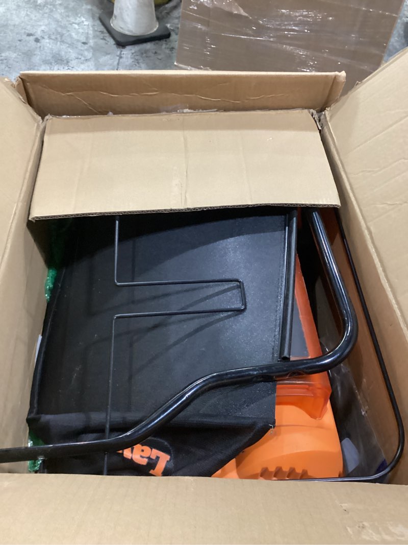 Condition photo showing As Is for used not tested lawnmaster 48v max brushless 16” 2-in-1 cordless dethatcher and scarifier with removable thatch collection bag quick-fold – clgvb4816 16-inch-new
