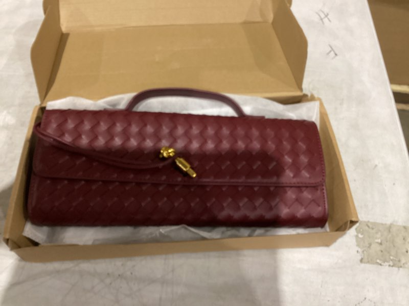 Condition photo showing Good Condition for Joryin Woven Purse for Women Evening Clutch Woven Leather Handbags Crossbody Bag Purse Formal Evening Bag, Vegan Leather Wine Woven Leather