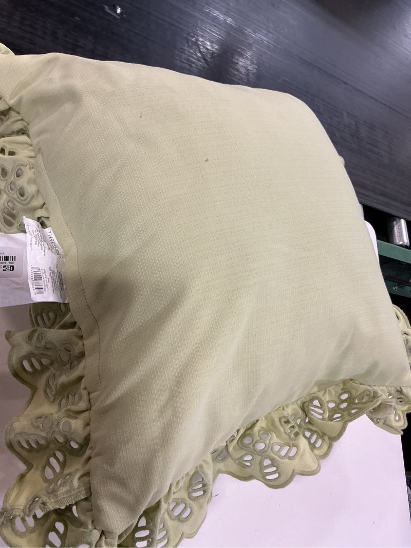 Condition photo showing As Is for 26"x26" eyelet ruffle outdoor throw pillow sage green - threshold™ designed with studio mcgee