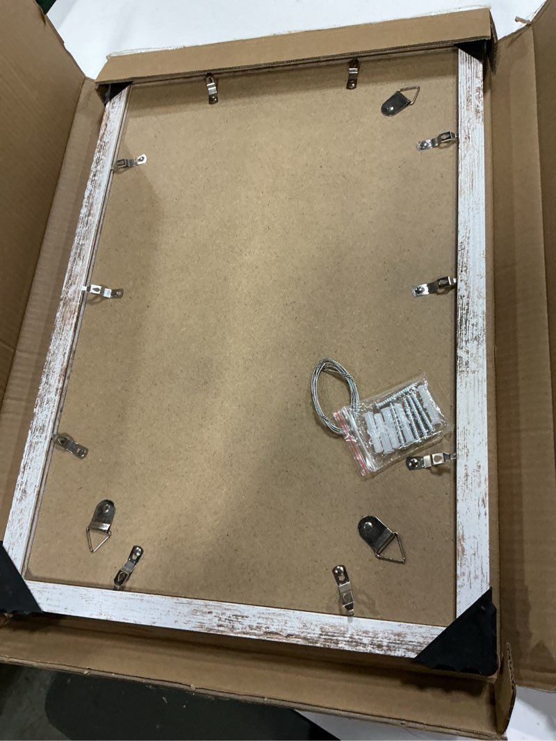 Condition photo showing Good Condition for 12x18 frame set of 2, distressed white wood style, display 12 x 18 poster without mat or 8.5x11 picture with mat, wall mounting horizontal and vertical distressed white 12x18 in