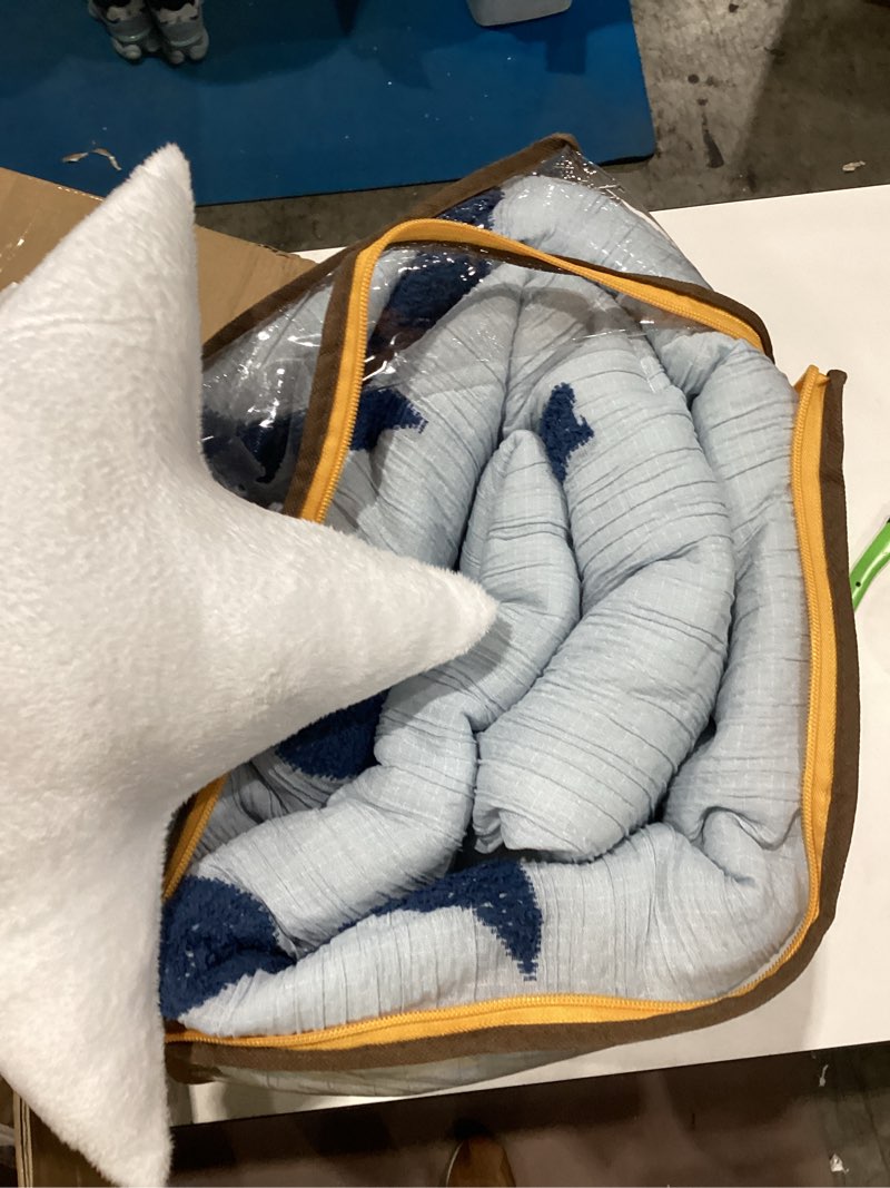 Condition photo showing Good Condition for intelligent design kids cosmos twin size comforter set – blue star and moon tufted chenille, reversible 3-piece bedding with star pillow twin comforter blue