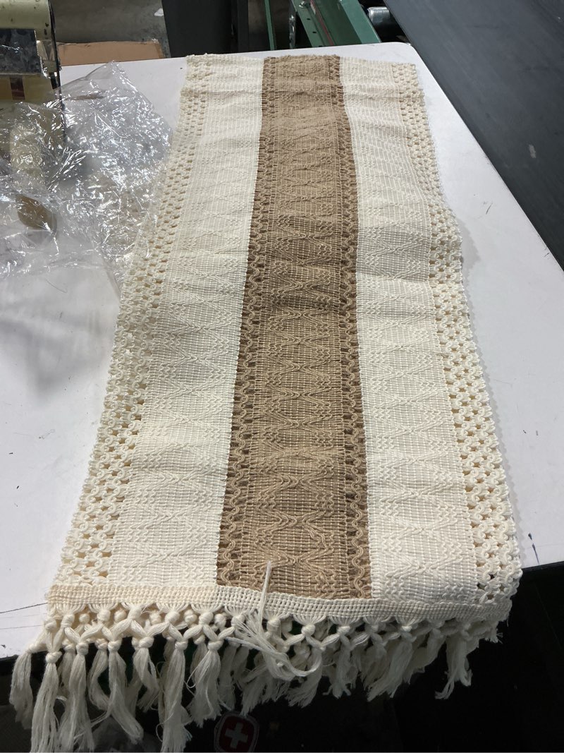 Condition photo showing Good Condition for rustic table runner macrame table runner cotton desk decoration for holiday party farmhouse wedding kitchen dining table decor 70.86x11.81 inch coffee color