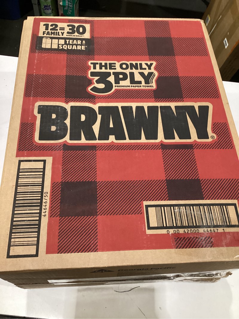 Condition photo showing New/Like New for Brawny Tear-A-Square 3-Ply Paper Towels, 12 XL Family Rolls = 30 Regular Rolls, Strong, Absorbent, and Durable with 3 Sheet Sizes (Quarter, Half, Full)