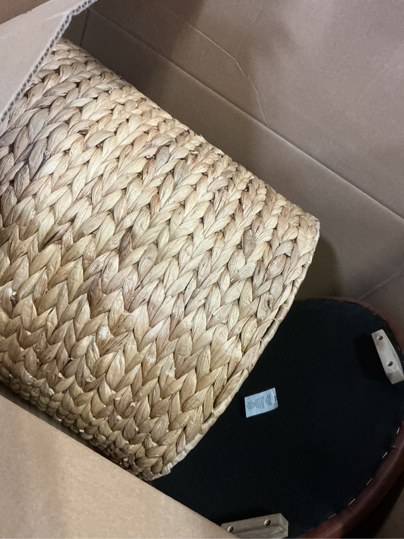 Condition photo showing Good Condition for happimess SSL1003A Josie 18" Modern Coastal Hand-Woven Hyacinth Storage Ottoman with Lid, Foot Rest for Living Room, Bedroom, Entryway, Foyer, Natural/Brown
