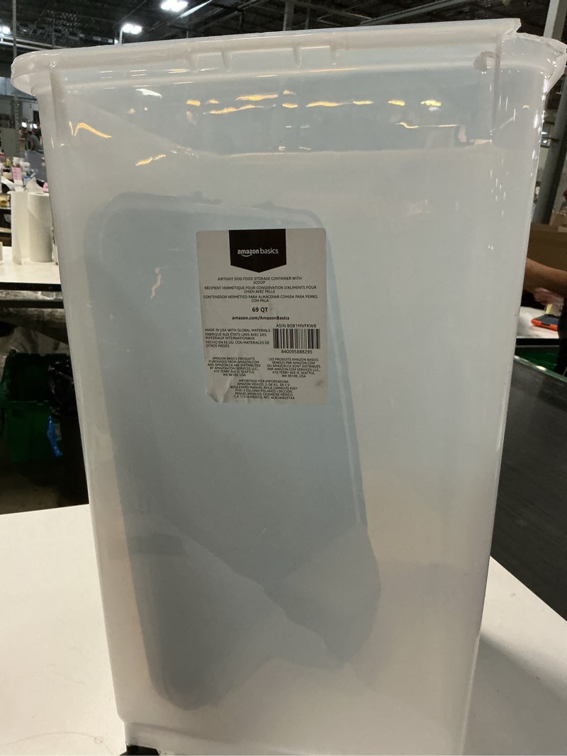 Condition photo showing As Is for Amazon Basics Airtight Dog Food Storage Container with Scoop and Wheels, 69 QT, Gray