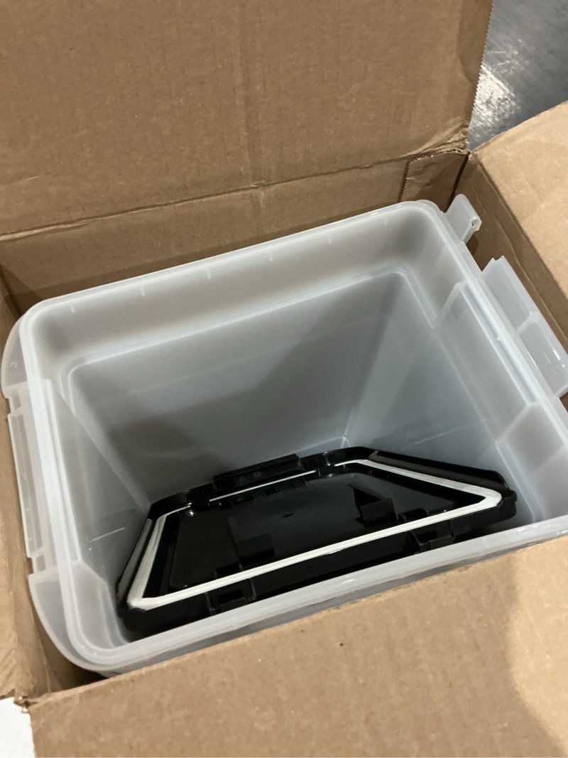 Condition photo showing As Is for iris usa airtight dog food storage container, up to 10 lbs each, 2 pack, for dog cat bird and other pet food storage bin, keep fresh, translucent body, bpa free, clear/black 10 lbs - 2 pack black