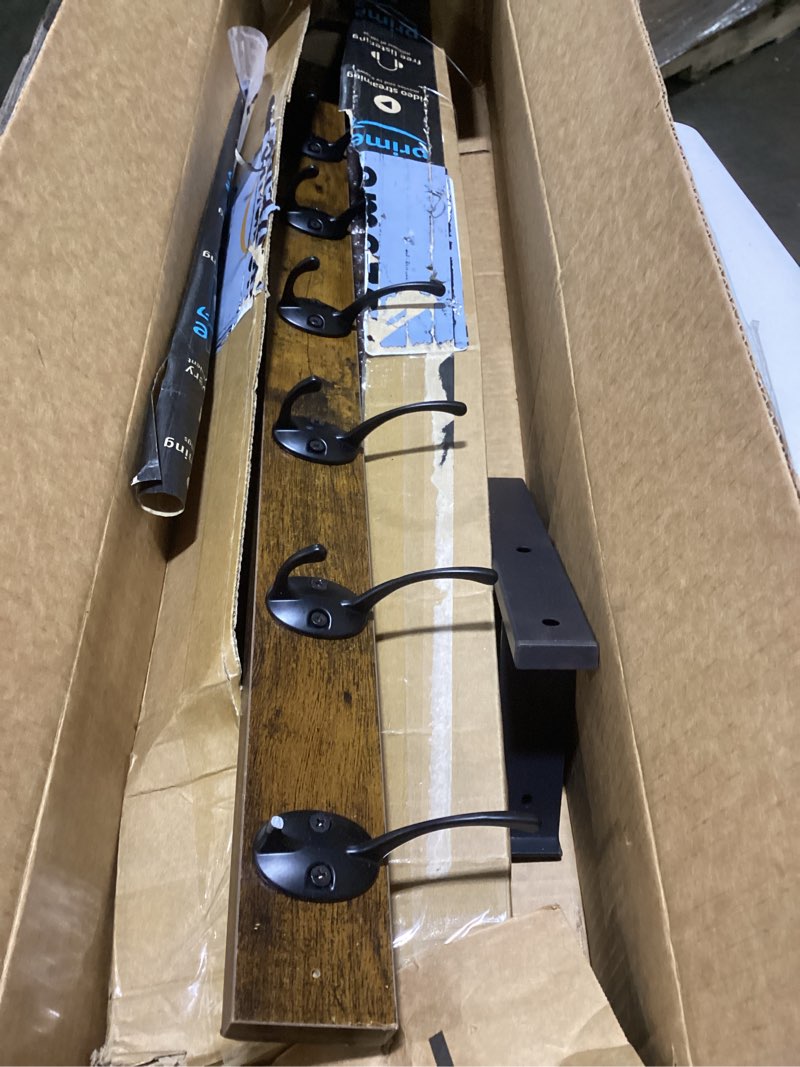 Condition photo showing As Is for Wall Hooks with Shelf, 28.7 Inch Coat Rack Wall Mount with Hook for Coat Backpack Key Clothes Hanger, Wall Floating Shelf Hanging in Entryway, Living Room, Bathroom, Bedroom, Kitchen Brown 28.7" - 1 pack