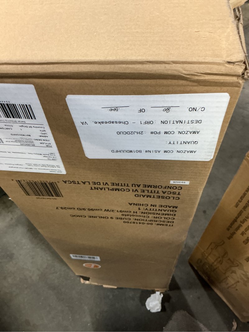 Condition photo showing New/Like New for ClosetMaid Cubeicals 9 Cube Storage Shelf Organizer Bookshelf, Stackable, Square Shape, Easy Assembly, Wood, Chocolate Finish Chocolate Finish 9-Cube