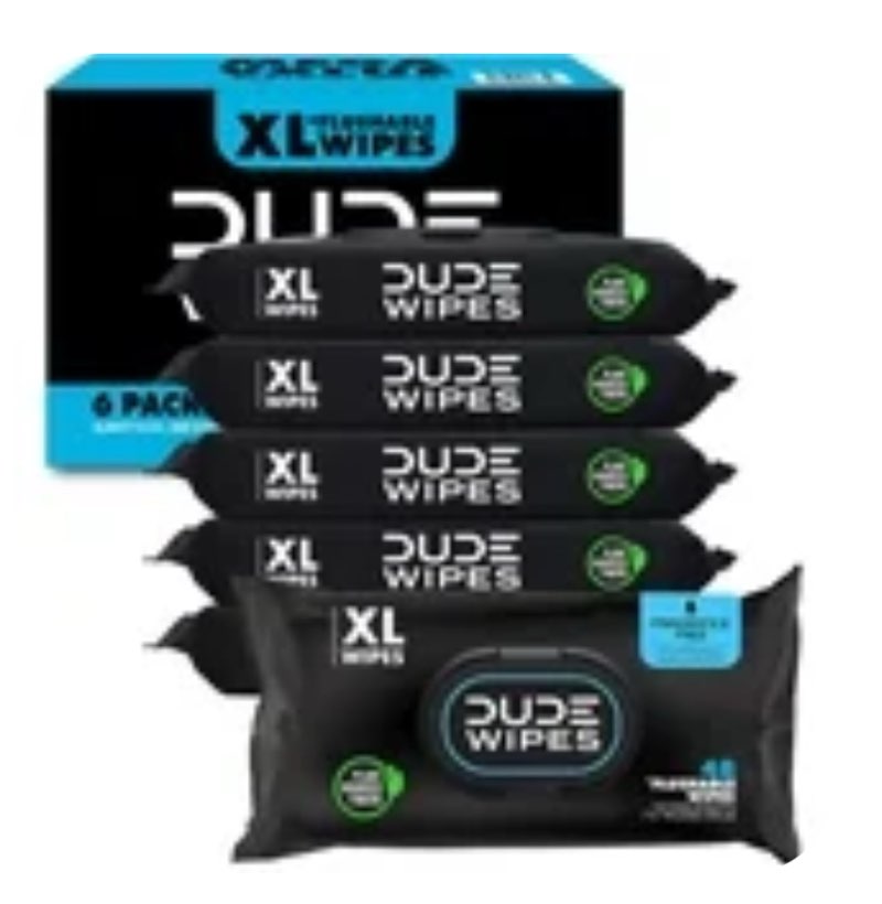 DUDE Wipes - Flushable Wipes - 6 Pack, 288 Wipes - Unscented Extra-Large Adult Wet Wipes - Vitamin-E