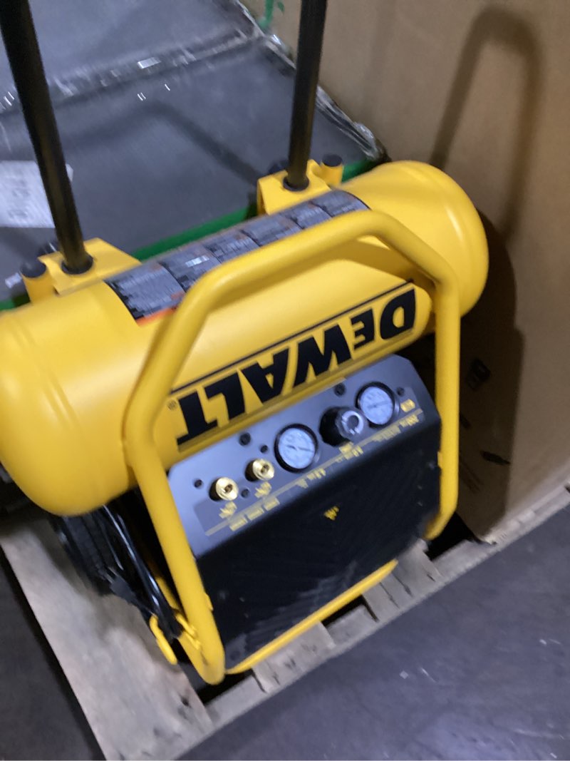 Condition photo showing As Is for dewalt xtreme quiet 2 stage 4.5-gallon portable electric 200 psi hot dog air compressor