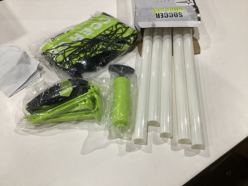 Condition photo showing Good Condition for kids soccer goals set for indoor & outdoor play – includes foldable goal, ball, pump & 4 stakes 1 pack- goal set