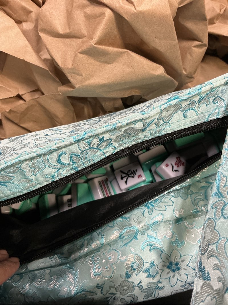 Condition photo showing As Is for american mahjong game set, 166 light green tiles, blue bag with entire accessories, 4 all-in-one rack/pushers, mahjong tiles set