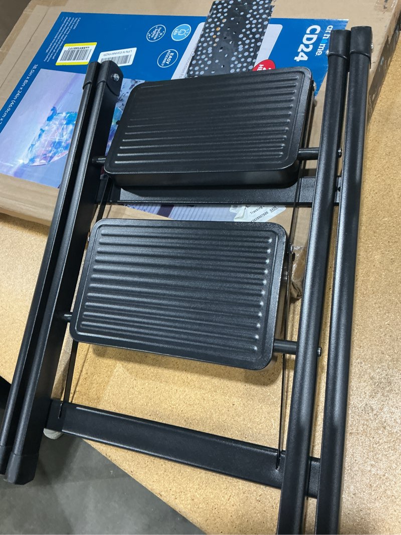 Condition photo showing As Is for step stool, 2 step ladder with anti-slip and wide pedal, folding portable iron stepladder for home and kitchen, 300lbs - black black 2 step
