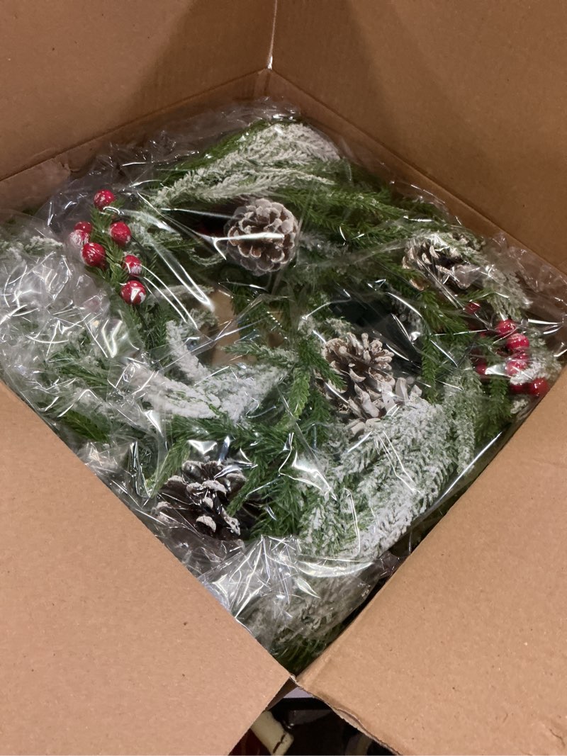 Condition photo showing Good Condition for VIHOSE 6 FT Christmas Garland with Lights, Pre-Lit Artificial Christmas Garland, Flocked Surface with Red Berries Pine Cones for Mantels Stairs Railing Home Xmas Indoor Outdoor Decoration Berries,Pine Cones Red