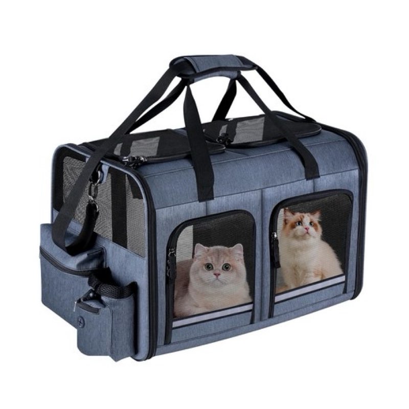 Cat Carrier for 2 Cats, Foldable Double Cat and Dog Carrier, Small to Medium Size, 2 Front Zippered Compartments,Two Pets Carrier for Outdoor Travel,Mulitple Cat Carrier (Gray)