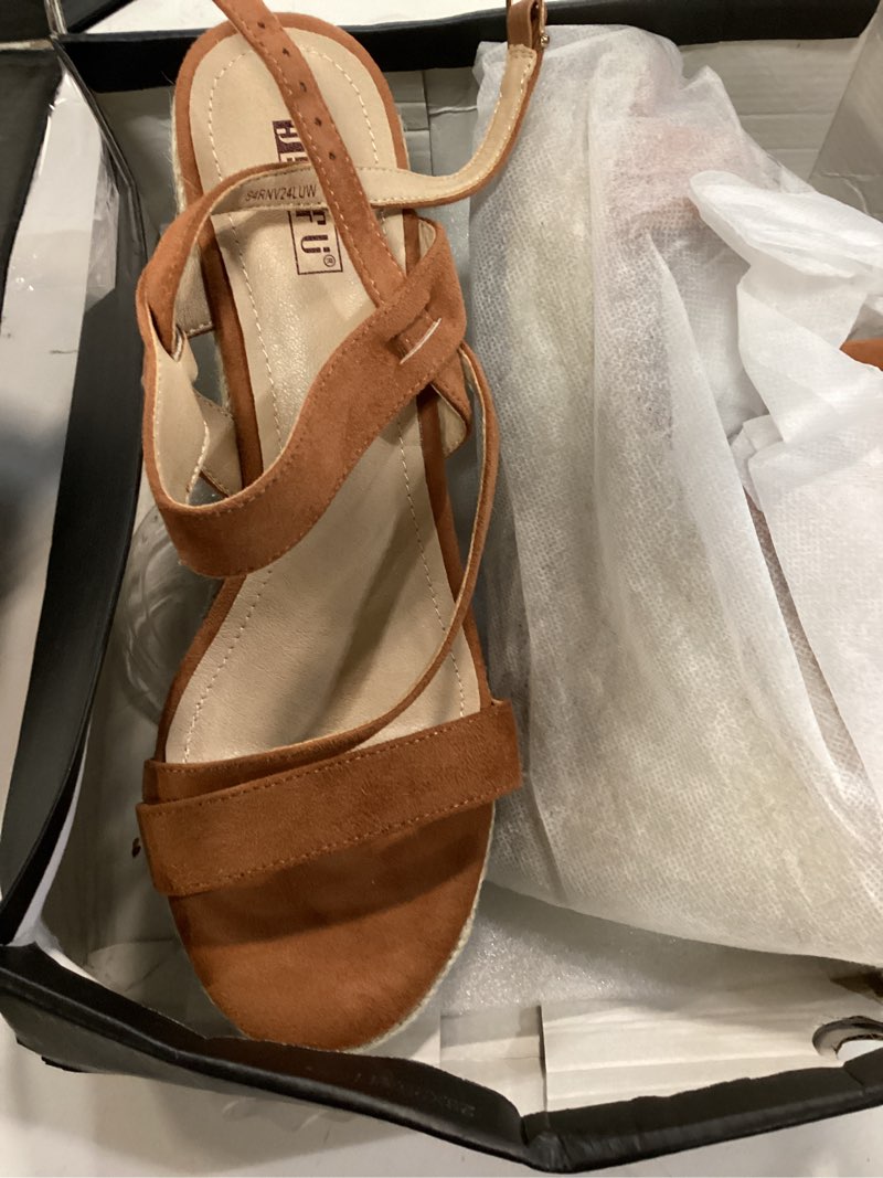 Condition photo showing Good Condition for idifu in4 espadrille wedge sandals for women platform wedges heels wedding bridal ladies open toe dressy sandals comfortable summer ankle strap strappy high heel wedges 10 brown suede