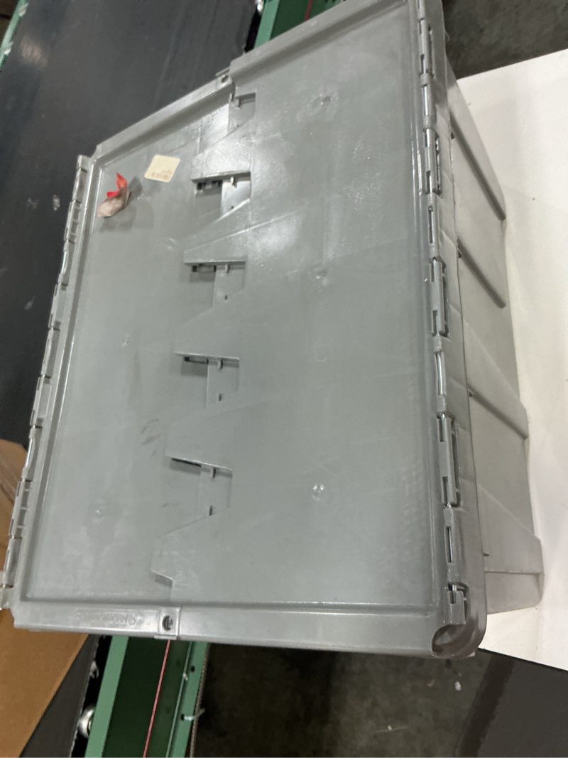 Condition photo showing As Is for global industrial plastic attached lid shipping & storage tote 21-7/8""x15-1/4""x12-7/8"" gray - 1 each