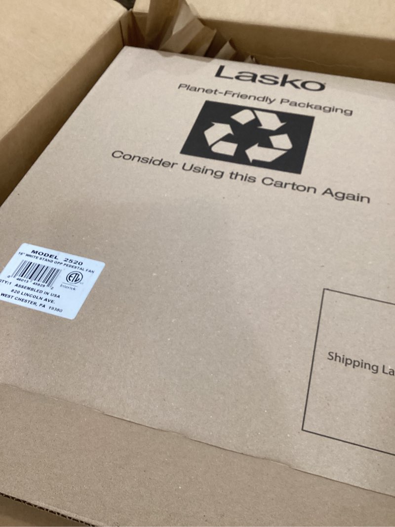 Condition photo showing As Is for lasko 2520 oscillating stand fan,white 16 inch