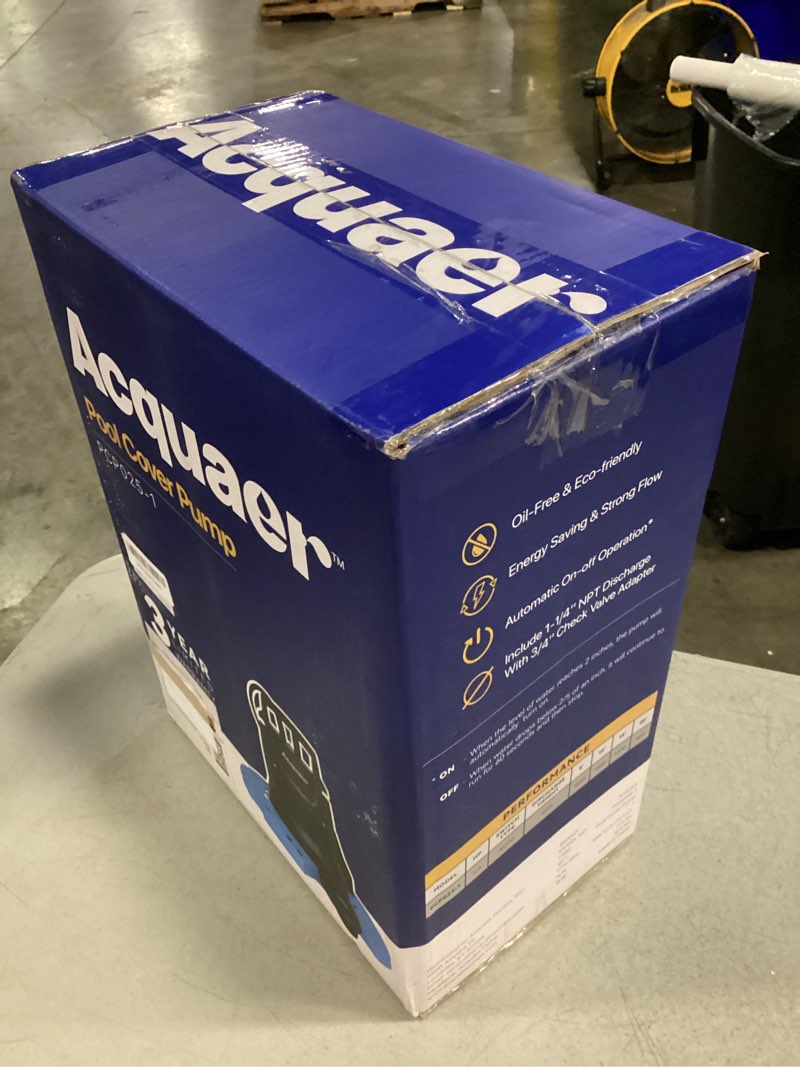 Condition photo showing New/Like New for acquaer 1/4 hp automatic swimming pool cover pump, 2250 gph submersible sump pump with 3/4” check valve adapter & 25ft power cord, water removal for pool, hot tubs, rooftops, water beds and more 1/4 hp 2250gph