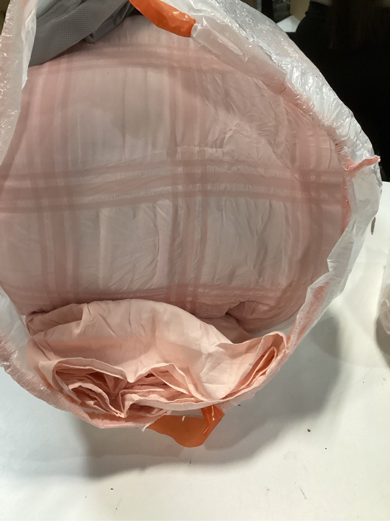 Condition photo showing As Is for Tititada Blush Pink Plaid Seersucker Comforter Set with Ruffled Fringe King Size, 3 Pieces Soft Fluffy Farmhouse Bedding Set for All Season, King Bed Set with Ruffle Shams (Blush Pink, King) Blush Pink King