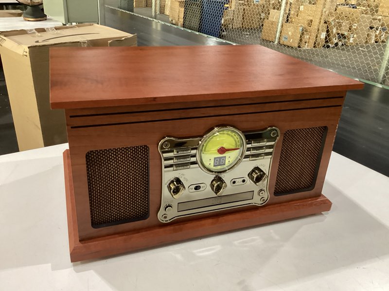 Condition photo showing New/Like New for fektik bluetooth record player 10 in 1, 3-speed turntable for vinyl with speakers, lp to mp3 converter, cd, cassette player, fm radio, wireless streaming | mahogany