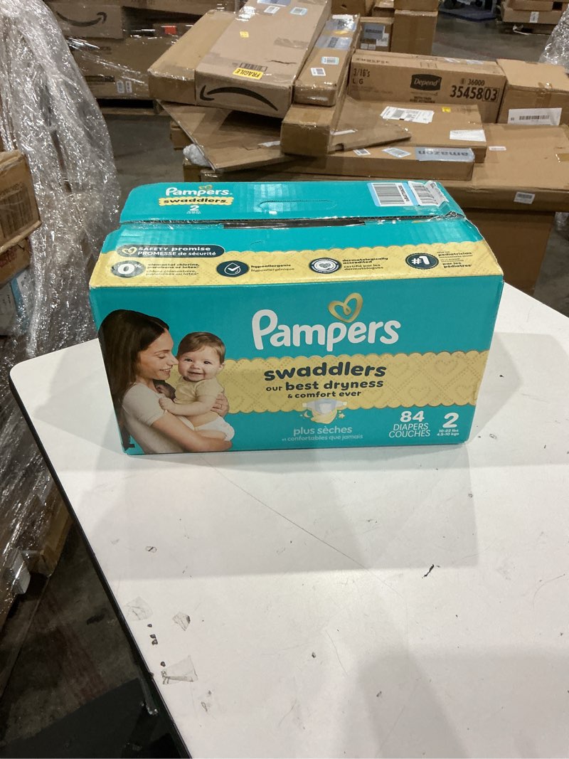 Condition photo showing New/Like New for pampers swaddlers diapers, size 2 (10-22 lbs), 84 count, absorbent, keeps baby dry and comfortable, skin safe disposable baby diaper (packaging may vary) size 2 84