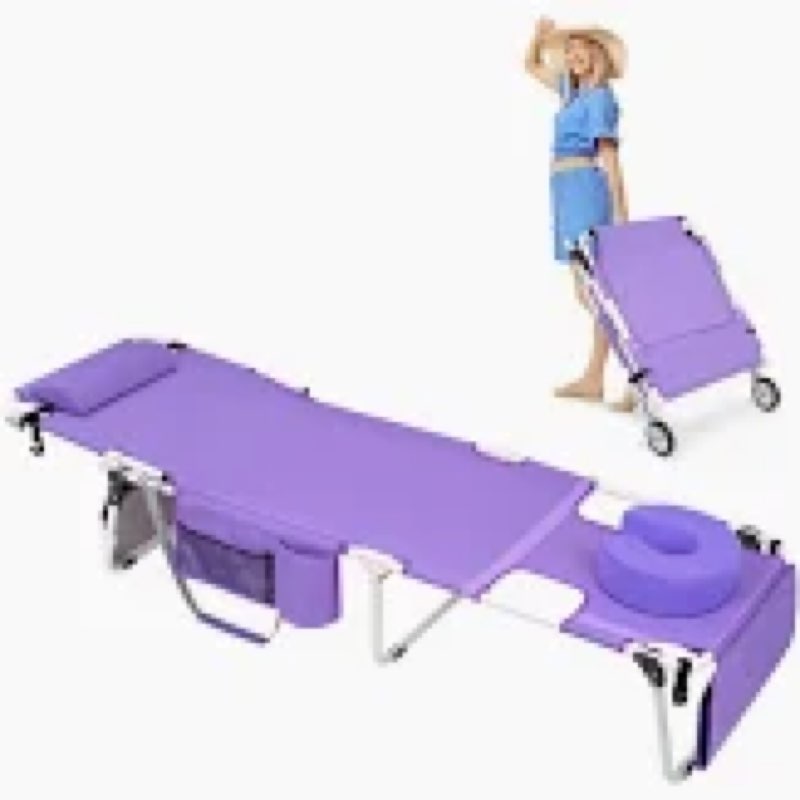wheel-to-go tanning chair with wheels & face hole thicker washable adjustable, heavy duty folding lo