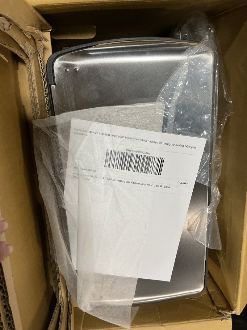 Condition photo showing As Is for simplehuman 50 Liter / 13.0 Gallon Rectangular Kitchen Step Trash Can, Brushed Stainless Steel 50 Liter Trash Can
