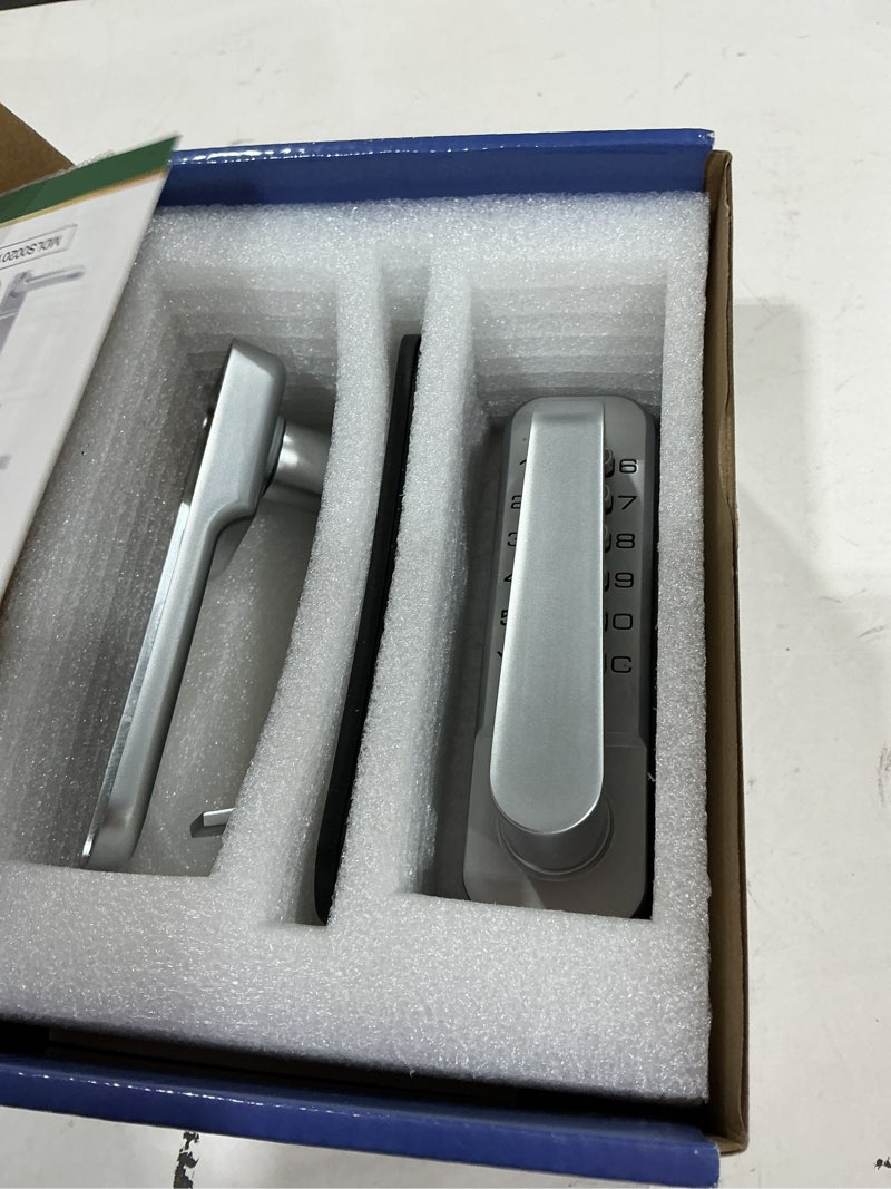 Condition photo showing New/Like New for high-security 12 digit keypad mechanical door lock - keyless entry, mechanical code lock with handle, waterproof & rustproof, no battery, easy to install, silver, bh-mdls0030102 satin chrome - square