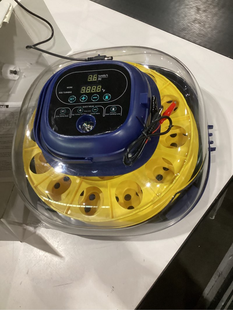 Condition photo showing Good Condition for 18-33 egg incubator for hatching eggs, automatic egg turning, egg candler, temperature/humidity control, incubator for hatching chicken, quail, duck eggs, 360° clear view for home, classroom, farm deep blue+yellow