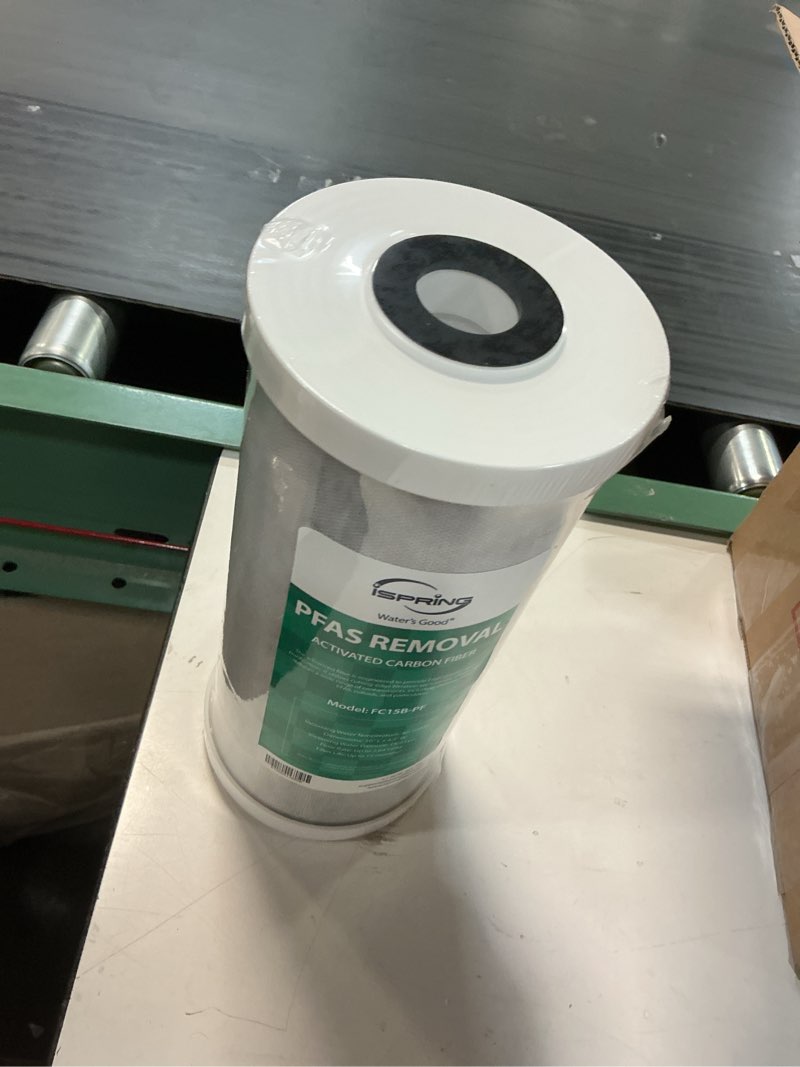 Condition photo showing New/Like New for ispring fc15b-pf 4.5” x 10” whole house water filter, removes up to 99% pfas, pfoa/pfos, chlorine, vocs, with sgs tested filtration media