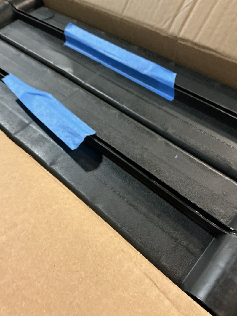 Condition photo showing Good Condition for plano 4-shelf plastic storage shelves, 48” x 23” x 14”, 200lb capacity, pantry, office, closet and garage shelves, easy to assemble, durable plastic shelving unit