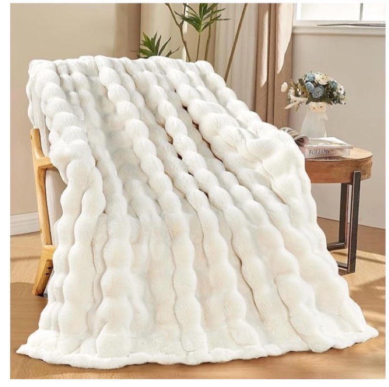 Condition photo showing As Is for Home Soft Things Textured Faux Fur Throw, Warm Plush Bubble Decorative Blanket for Couch, Furry Thick Fluffy Cozy Throw for Living Room Bedroom, 50''× 60'',White