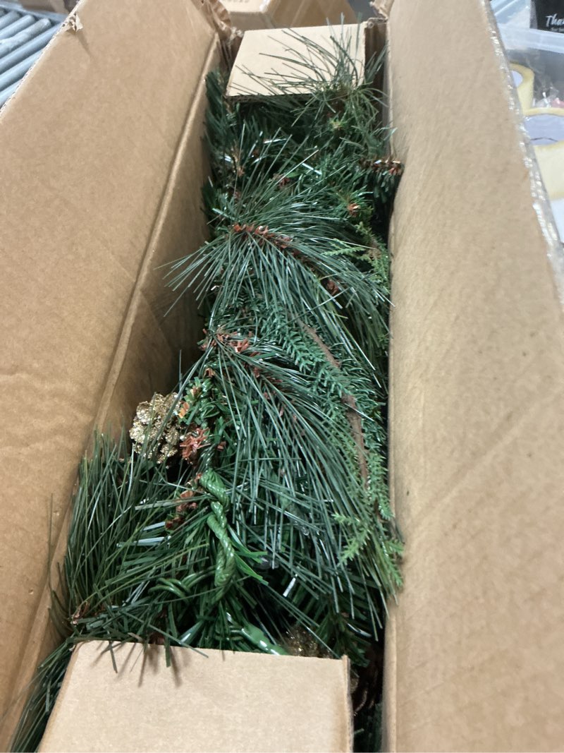 Condition photo showing Good Condition for National Tree Company 9 ft Pre-Lit Artificial North Conway Christmas Garland, Christmas Decoration with Glittery Edged Pinecones, Glittery Eucalyptus, 100 Warm White LED Lights, Timer