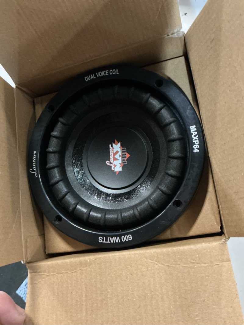 Condition photo showing New/Like New for pyle lanzar 6.5” car subwoofer speaker - black non-pressed paper cone, aluminum voice coil, 4 ohm impedance, 600 watt power and foam edge suspension for vehicle audio stereo sound system - maxp64