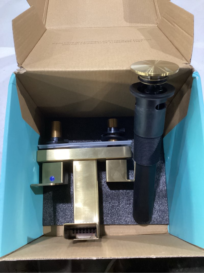 Condition photo showing Good Condition for cobbe waterfall bathroom faucets 3 hole, brushed gold bathroom sink faucet square 4 inch centerset with pop-up drain, 2 handle and 2 supply hoses, lead-free stainless steel for vanity sink rv 4 inch centerset gold