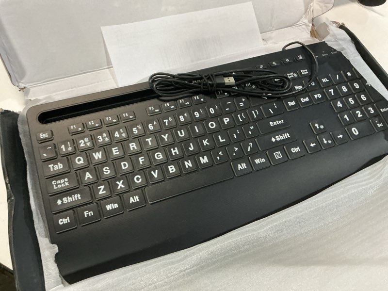 Condition photo showing As Is for sablute large print backlit keyboard, wired usb computer keyboards with 7-colors backlight, wrist rest, phone holder, oversized letter keys easy to see and type for laptop, pc, windows, black