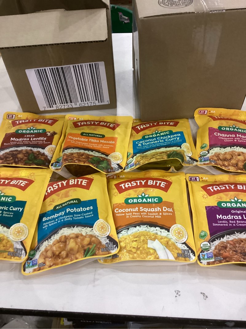 Tasty Bite Variety, Pack of 8, Madras Lentils, Bombay Potatoes, Vegetable Tikka Masala, Channa Masala, 3Bean Madras Lentils, Split Pea & Turmeric Curry, Coconut Squash Dal, Chickpea Coconut and Turmeric Curry
