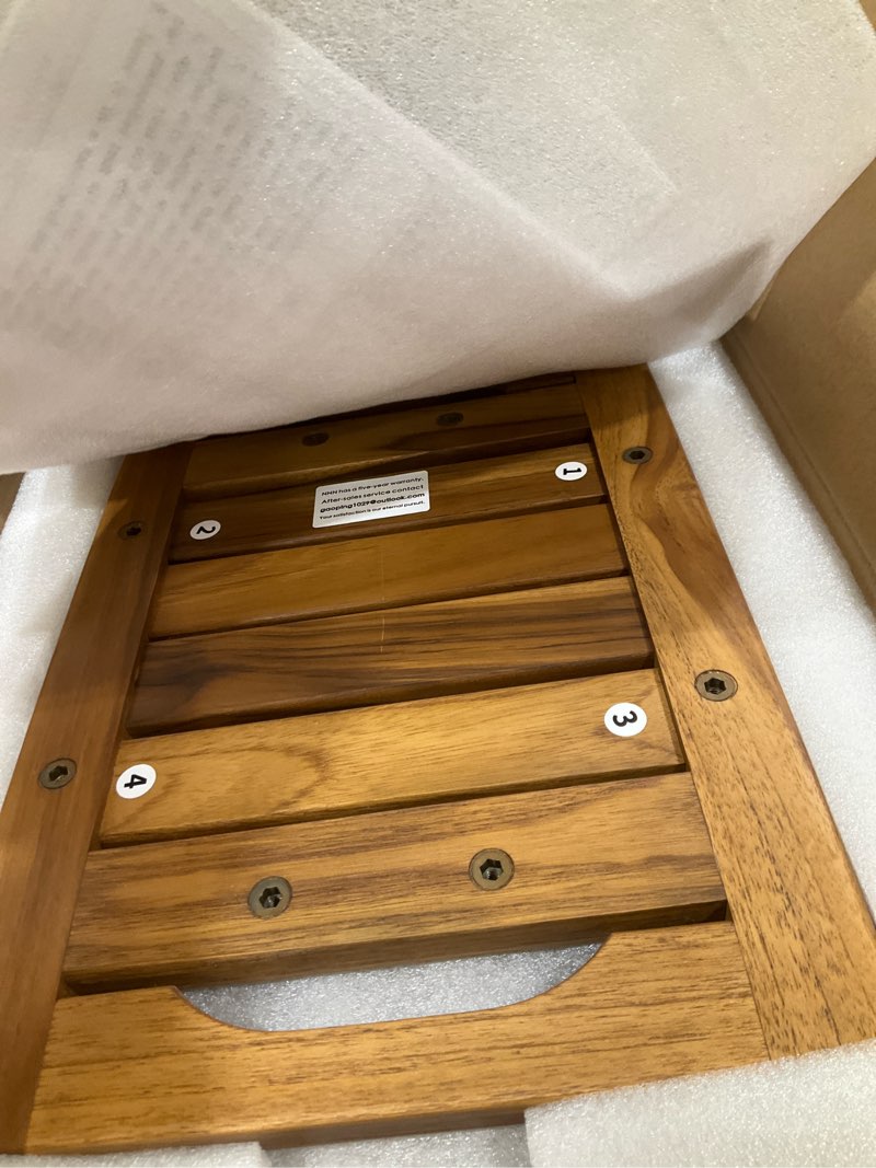 Condition photo showing Good Condition for 14" compact teak shower stool with shelf & handle - waterproof, non-slip bath bench for small bathrooms/tub/outdoor use, 300 lbs capacity (patented) 14"w x 10" dx 17"h