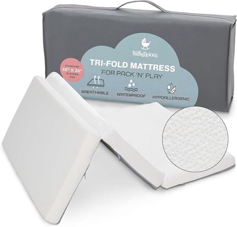 Babylicious Waterproof Pack and Play Mattress Topper | 38" x 26" x 1.5" | Trifold Style - Breathable Soft Plush Foam - Portable Mattress Topper - Baby Foam Mattresses for Babies