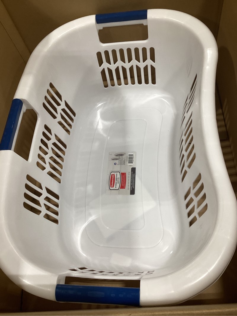 Condition photo showing As Is for rubbermaid large hip-hugger laundry basket/hamper, 1.5-bushel, white, stackable storage bin/organizer for bathroom/bedroom/dorm/home 1.5 bushel large hip hug basket