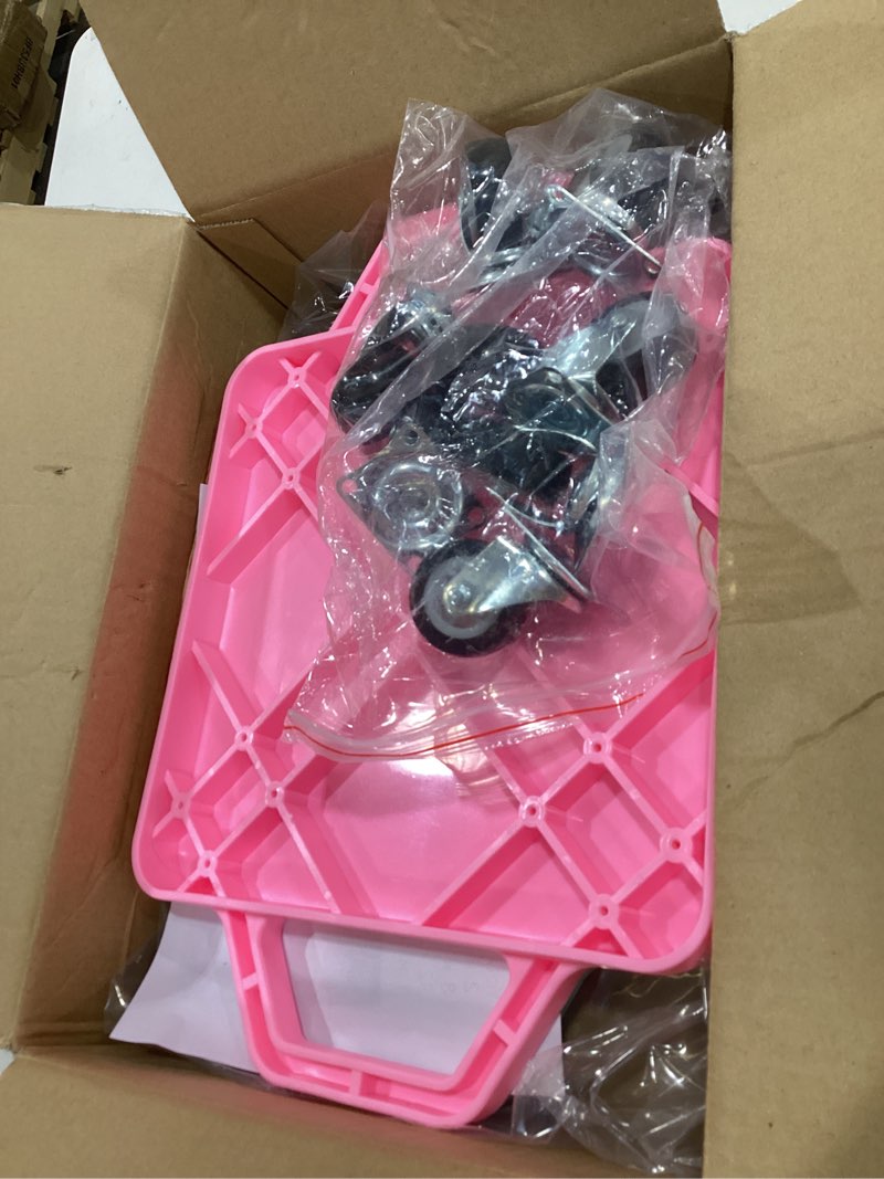 Condition photo showing As Is for 2 pcs sports scooter board with handles colored floor sitting scooter board with plastic casters for kids gym indoor outdoor activities play equipment pink,blue