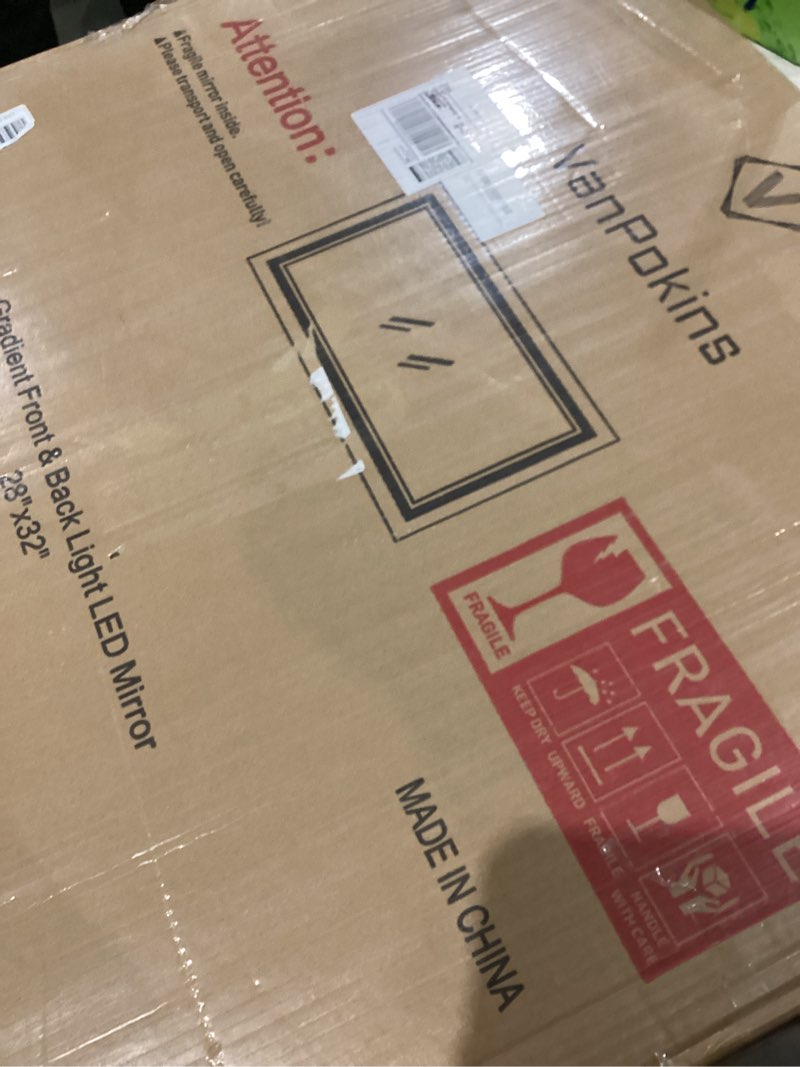 Condition photo showing New/Like New for led bathroom mirror, 28x32 inch gradient front and backlit led vanity mirror, 3 colors dimmable cri>90 double lights, ip54 enhanced anti-fog, hanging plates wall mount backlit mirror front and backlit 32"l x 28"w