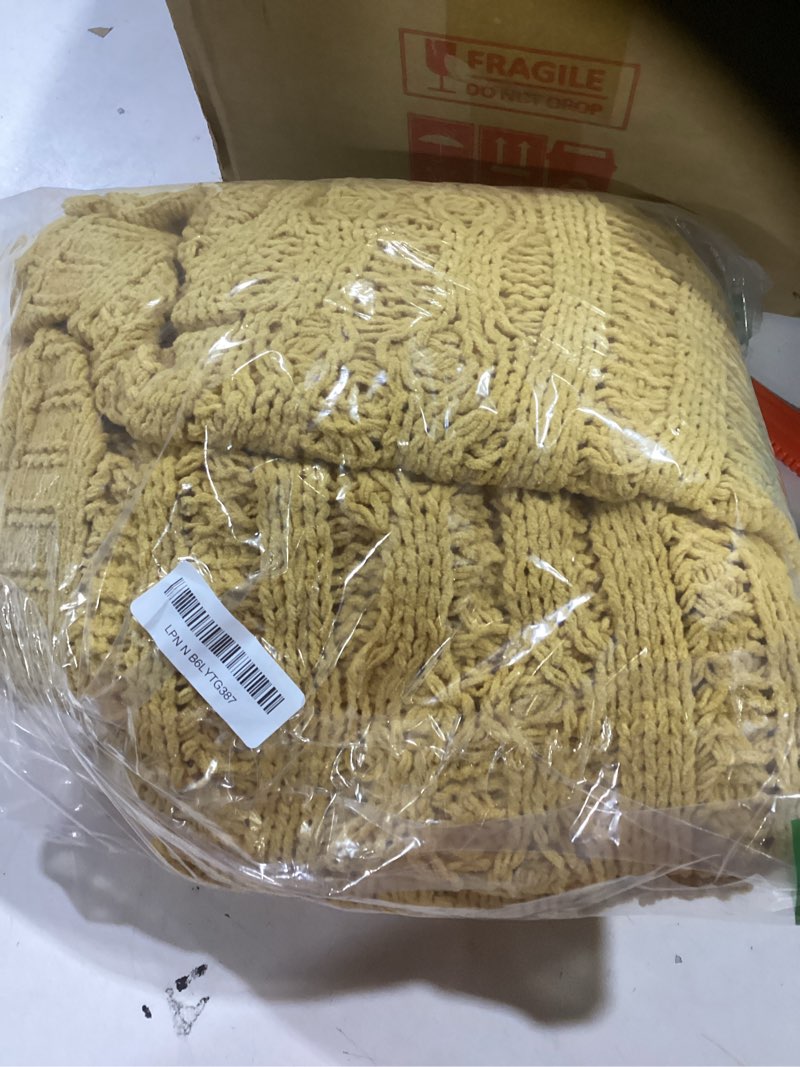 Condition photo showing Good Condition for Battilo Mustard Yellow Throw Blanket 51"x67" Chenille Knitted Throw Blanket for Couch, Gold Throw Blankets for Home Decor, Summer Fall Decor Blanket