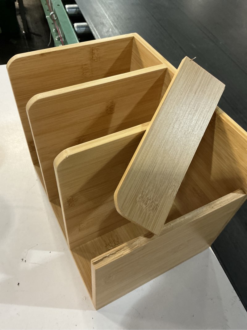 Condition photo showing As Is for novabright bamboo file magazine holder desk organizer, 3 vertical compartments workspace sorters for magazines, binders, notebooks, envelopes 3 slots classics bamboo