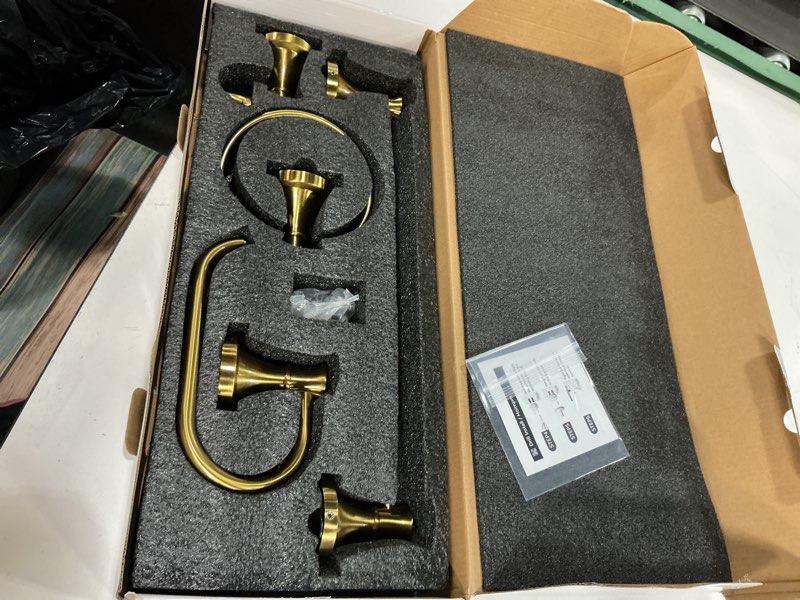 Condition photo showing New/Like New for hoimpro brushed gold 4-piece bathroom bath set, wall mount bathroom hardware fixture (adjustable towel bar rack, towel ring holder, paper towel holder, double towel hook), bathroom accessories