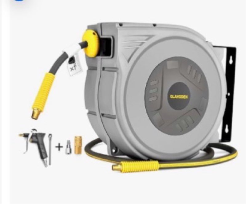 GLAHODEN Air Hose Reel 65 Ft Retractable, 1/2 in x 65 Ft Hybrid Hose Air Compressor Hose Reel with 6