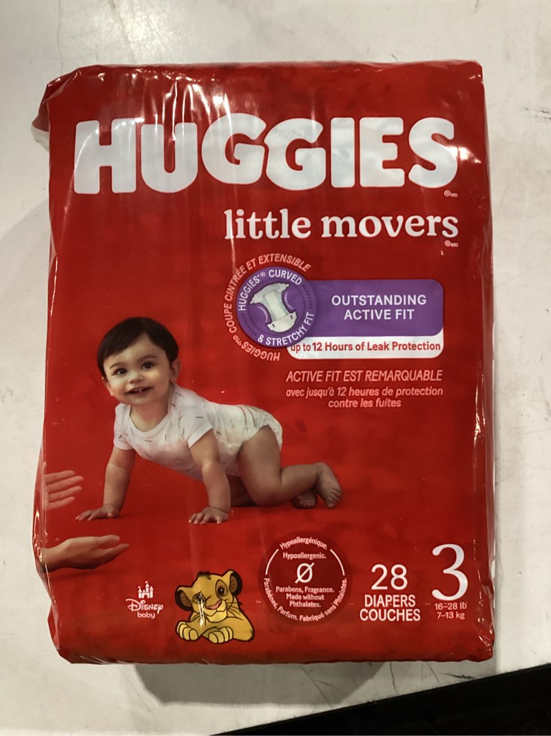 Condition photo showing New/Like New for huggies little movers 28 diapers couches (size 3 16-28 ib)