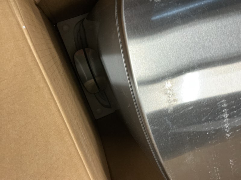 Condition photo showing As Is for amazon basics smudge resistant rectangular trash can with soft-close foot pedal, brushed stainless steel, 50l/13.2 gal, 16.7x14.7x25.9 in, satin nickel finish satin nickel big, 50l/13.2 gal
