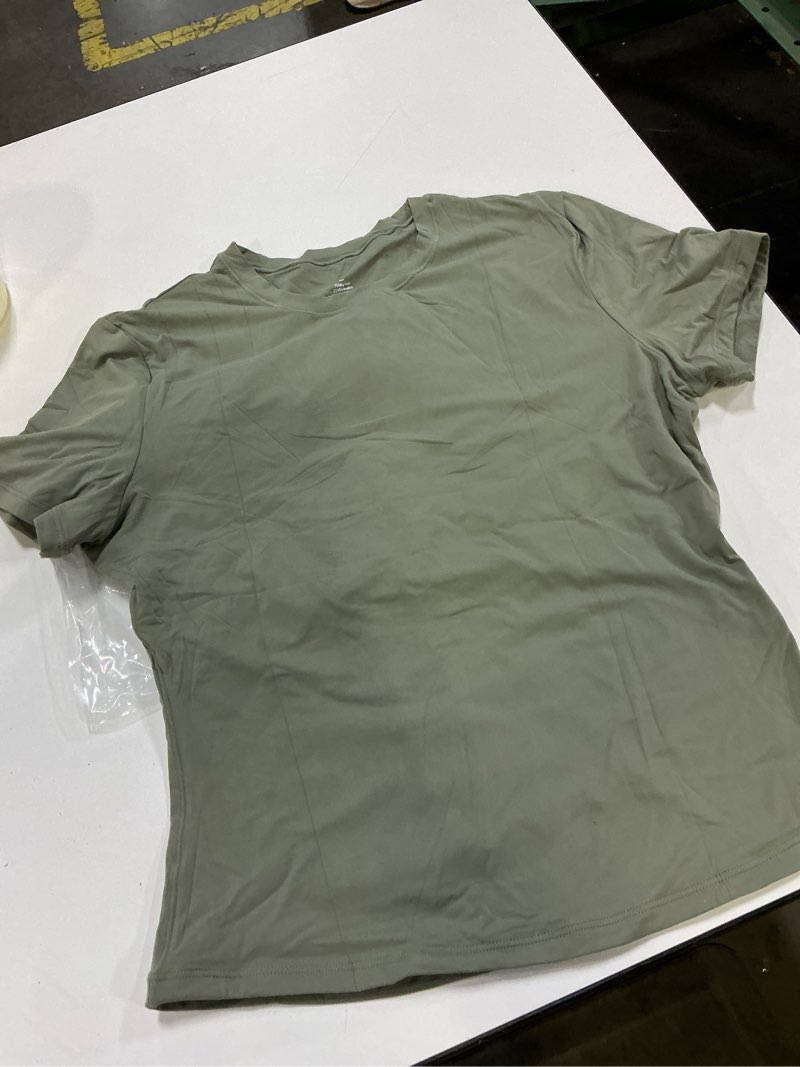Condition photo showing New/Like New for YEOREO Women Fitted Workout Tops Short Sleeve Double Lined Basic Y2K Going Out Crew Neck Compression Crop Top Large Army Green